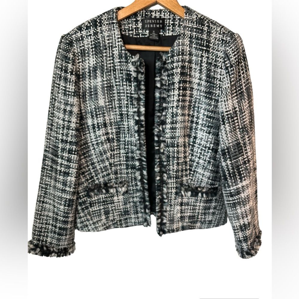 Spenser Jeremy black white gray Tweed open blazer sz 12.career staple